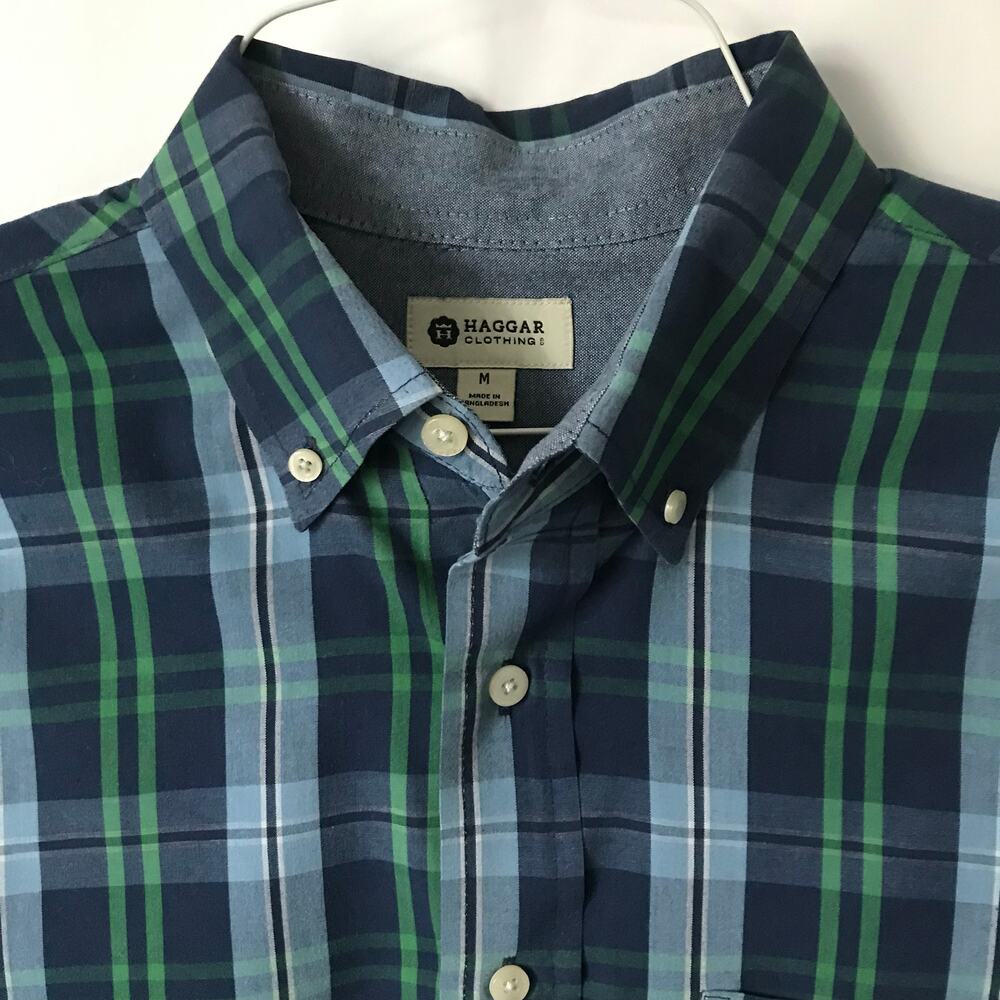 Haggar Shirt Mens Long Sleeve Plaid Button Up Collar Pocket Blue Green Size Med